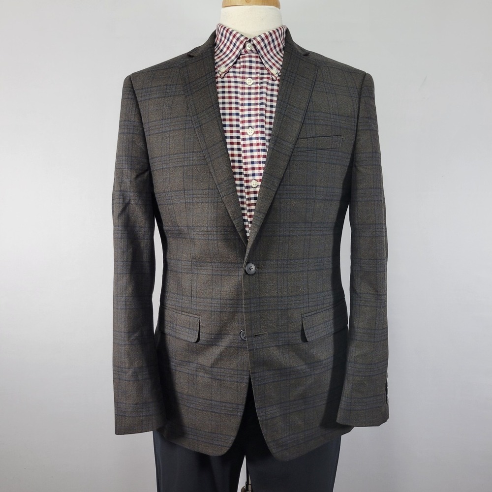 Van Heusen Men's Sport Coat Blazer Two Button Brown Plaid Poly‎ Bend Slim 40R